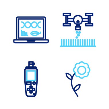 Set line Flower Portable sensor Smart farm with drone and Genetic engineering modification icon. Vector.