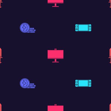 Set Portable video game console, Coin for, Computer monitor and Sword on seamless pattern. Vector.