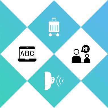 Set Foreign language online study Ear listen sound signal Suitcase and Two sitting men talking icon. Vector.