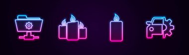 Set line FTP settings folder, Burning candles, and Car service. Glowing neon icon. Vector.
