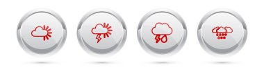 Set line Cloudy, Storm, with rain and lightning and snow. Silver circle button. Vector.