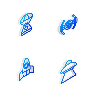Set Isometric line Cosmic ship, Space capsule, Rocket and UFO flying spaceship icon. Vector.