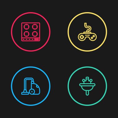 Set line Vacuum cleaner Washbasin Gamepad and Gas stove icon. Vector.