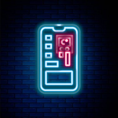 Parlayan neon hattı Akıllı kontrol sistemi mobil uygulama simgesi tuğla duvar arka planında izole edildi. Renkli taslak konsepti. Vektör.