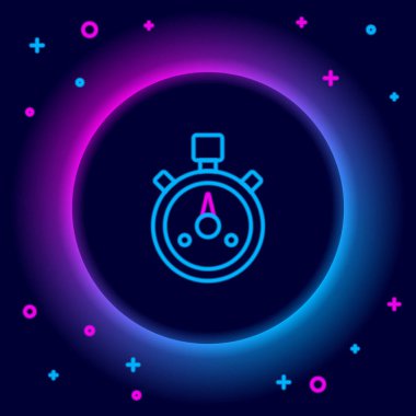 Parlayan neon hattı Stopwatch simgesi siyah arkaplanda izole edildi. Zaman göstergesi. Kronometre işareti. Renkli taslak konsepti. Vektör.