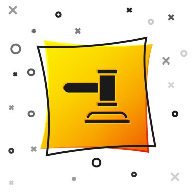 Black Judge gavel icon isolated on white background. Gavel for adjudication of sentences and bills, court, justice. Auction hammer. Yellow square button. Vector.
