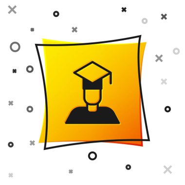 Siyah mezuniyet ve mezuniyet şapkası simgesi beyaz arka planda izole edilmiş. Sarı kare düğme. Vektör.