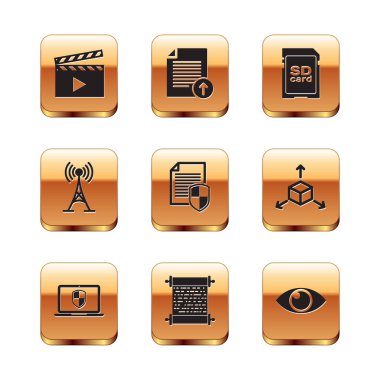 Set Movie clapper Laptop with shield Paper scroll Document protection Antenna and SD card icon. Vector.
