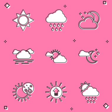 Set Sun Cloud with rain moon and stars cloud weather Eclipse of sun and Sunset icon. Vector.