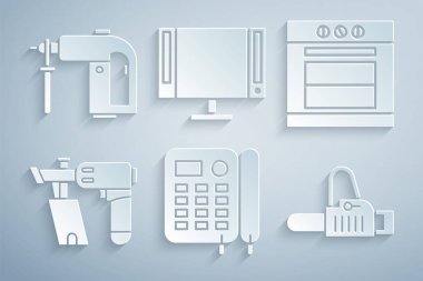 Set Telephone Oven Nail gun Chainsaw Smart Tv and Rotary hammer drill machine icon. Vector.