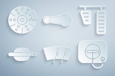 Set Windscreen wiper Car gas and brake pedals door handle Oil filler cap at station and disk with caliper icon. Vector.