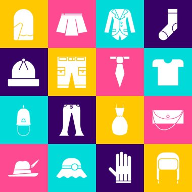 Set Winter hat with ear flaps Clutch bag T-shirt Blazer or jacket Short pants Christmas mitten and Tie icon. Vector.