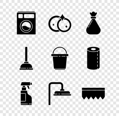 Set Washer Washing dishes Garbage bag Spray bottle with detergent liquid Shower head Sponge bubbles Rubber plunger and Bucket icon. Vector.