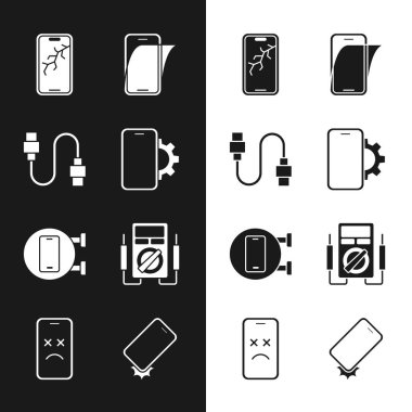 Set Phone repair service USB cable cord Mobile with broken screen Glass protector Multimeter Shockproof phone and Dead mobile icon. Vector.