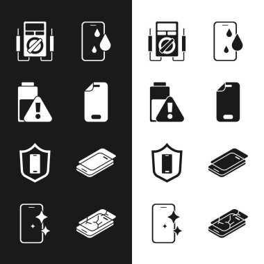 Set Glass screen protector Smartphone battery charge Multimeter Waterproof Mobile with shield broken and icon. Vector.