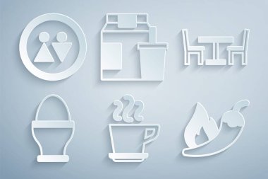 Set Coffee cup Wooden table with chair Chicken egg on stand Hot chili pepper pod Online ordering delivery and Toilet icon. Vector.