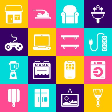 Set Paint brush Washer Electric extension Armchair Laptop Gamepad House and Empty wooden shelves icon. Vector.