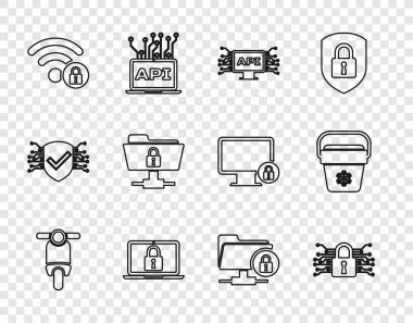 Set line Scooter Cyber security Computer api interface Laptop and lock Wifi locked FTP folder and Cooler bag icon. Vector.