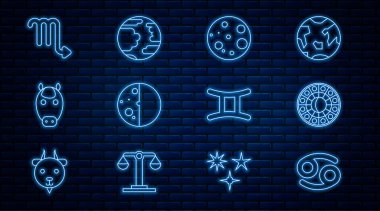 Set line Cancer zodiac Astrology horoscope circle Moon Eclipse of the sun Horse Scorpio Gemini and Planet Mercury icon. Vector.