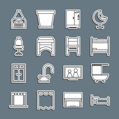 Set line Bed Bathtub with shower curtain Bunk bed Shower cabin Chair Office chair Interior fireplace and icon. Vector.