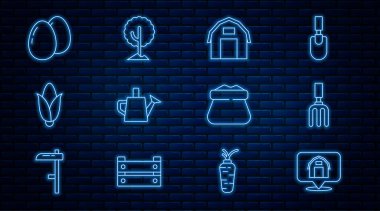 Set line Location farm house Garden rake Farm Watering can Corn Chicken egg Full sack and Tree icon. Vector.