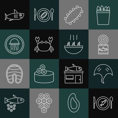 Set line Served fish on a plate Stingray Canned Sea cucumber Crab Jellyfish Shark and Soup with shrimps icon. Vector.