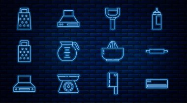 Set line Air conditioner Rolling pin Peeler Coffee pot Grater Citrus fruit juicer and Kitchen extractor fan icon. Vector.