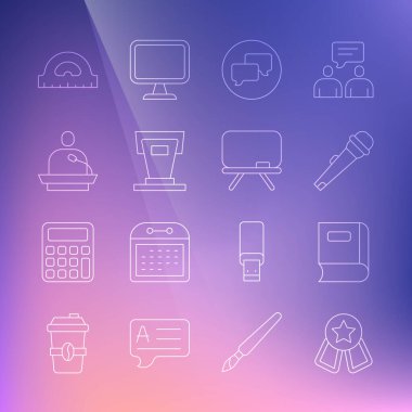 Set line Medal with star Book Microphone Speech bubble chat Stage stand Gives lecture Protractor grid and Chalkboard icon. Vector.