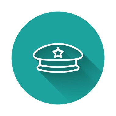 White line Military beret icon isolated with long shadow background. Soldiers cap. Army hat. War baret. Green circle button. Vector.