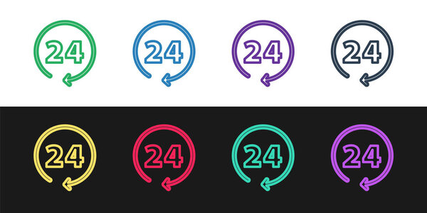 Установка линии Часы 24 часа значок изолирован на черно-белом фоне. Целый день циклическая икона. 24 часа сервисный символ. Вектор.