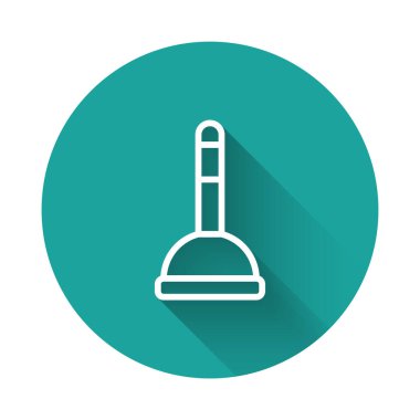 White line Rubber plunger with wooden handle for pipe cleaning icon isolated with long shadow background. Toilet plunger. Green circle button. Vector.