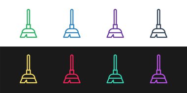 Set line Handle broom icon isolated on black and white background. Cleaning service concept. Vector.