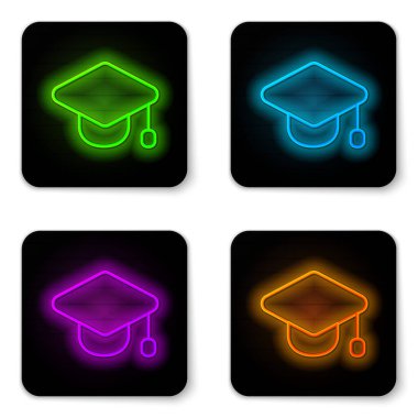 Parlayan neon çizgisi mezuniyet başlığı simgesi beyaz arkaplanda izole edildi. Tassel ikonlu mezuniyet şapkası. Siyah kare düğme. Vektör.