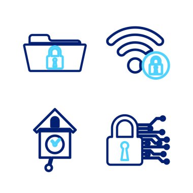 Set line Cyber security Retro wall watch Wifi locked and Folder and icon. Vector.