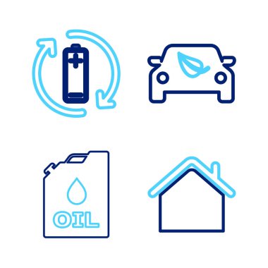 Set line House Canister machine oil Eco car drive with leaf and Battery recycle icon. Vector.