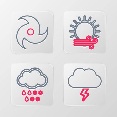 Set line Storm Cloud with snow and rain Wind sun and Tornado icon. Vector.