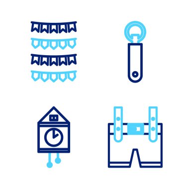 Set line Lederhosen Retro wall watch Bottle opener and Carnival garland with flags icon. Vector.