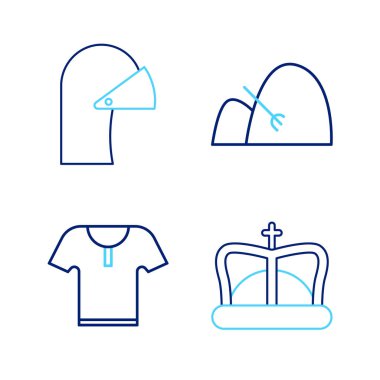 Set line King crown Body armor Bale of hay and rake and Medieval iron helmet icon. Vector.