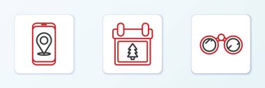 Set line Binoculars City map navigation and Calendar with tree icon. Vector.