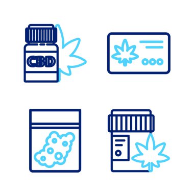 Set line Medical bottle with marijuana Plastic bag of cannabis Calendar and leaf and icon. Vector.