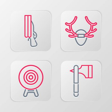 Set line Wooden axe Target sport Deer antlers on shield and Shotgun icon. Vector.