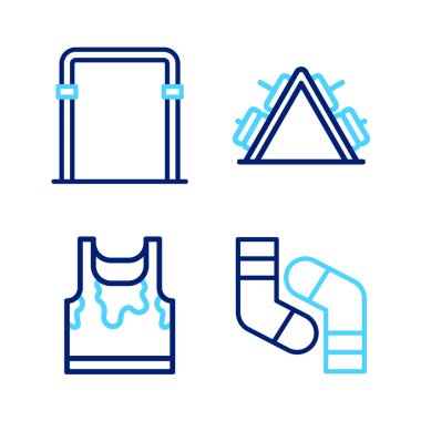 Set line Socks Sweaty sleeveless t-shirt Metal rack with weight and Sport horizontal bar icon. Vector.