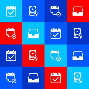 Set Calendar with check mark, Hard disk drive HDD protection, and Social media inbox icon. Vector.