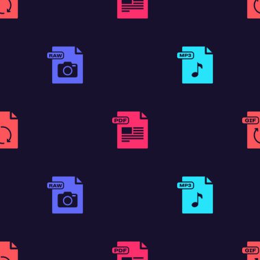 Set MP3 file document, RAW, PDF and GIF on seamless pattern. Vector.