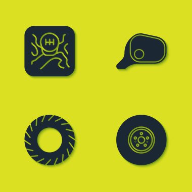 Set Gear shifter, Car brake disk, tire and mirror icon. Vector.
