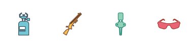 Set Camping gas stove, Shotgun, Torch flame and Glasses icon. Vector.