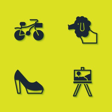Set Bicycle, Easel or painting art boards, Woman shoe and Poodle dog icon. Vector.