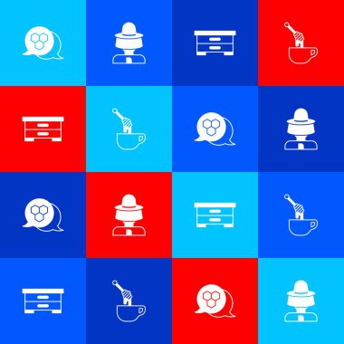 Set Honeycomb, Beekeeper with protect hat, Hive for bees and dipper stick honey icon. Vector.