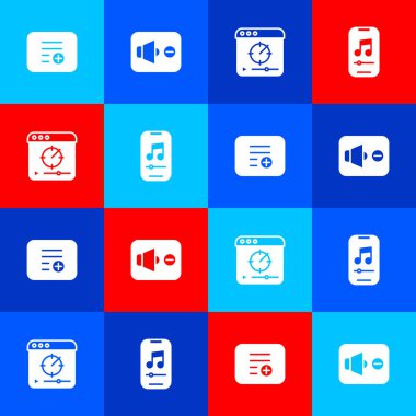 Set Add to playlist, Speaker mute, Online video and Music player icon. Vector.