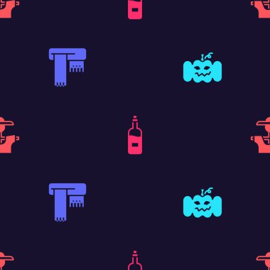 Set Pumpkin Winter scarf Bottle of wine and Scarecrow on seamless pattern. Vector.